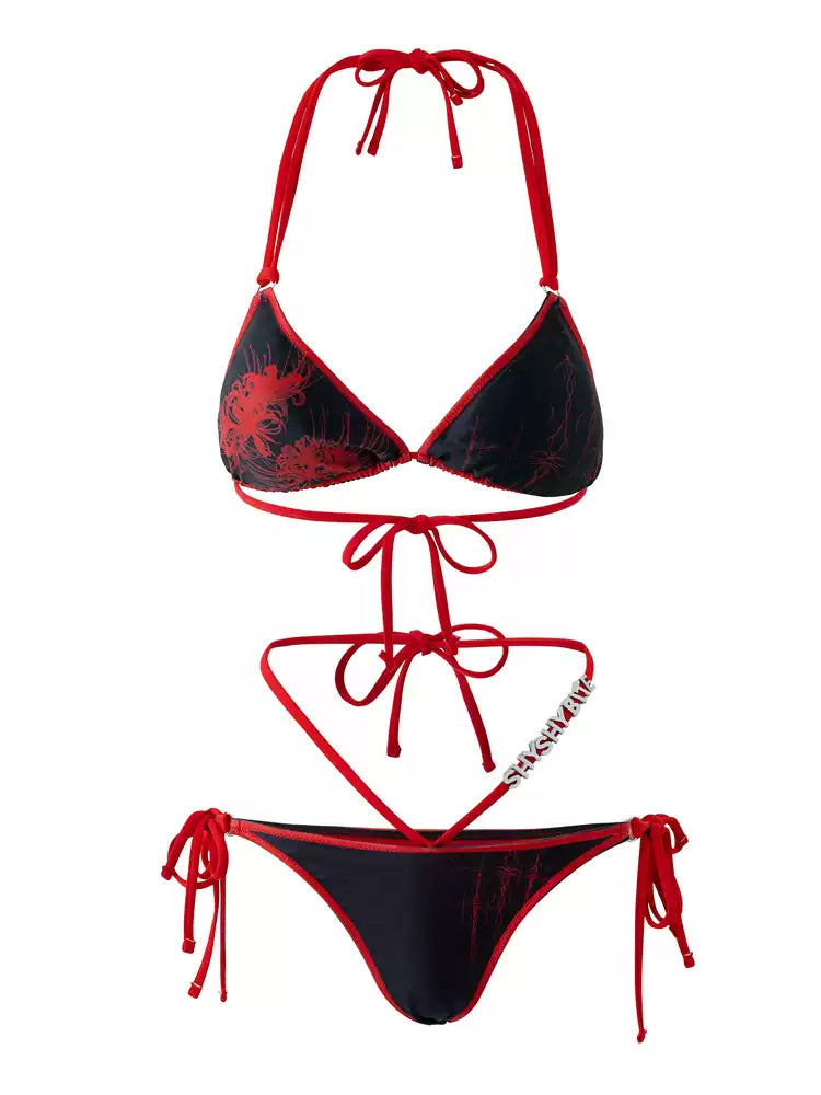 Cross & Spider Lily Bikini Set - Black-Grey