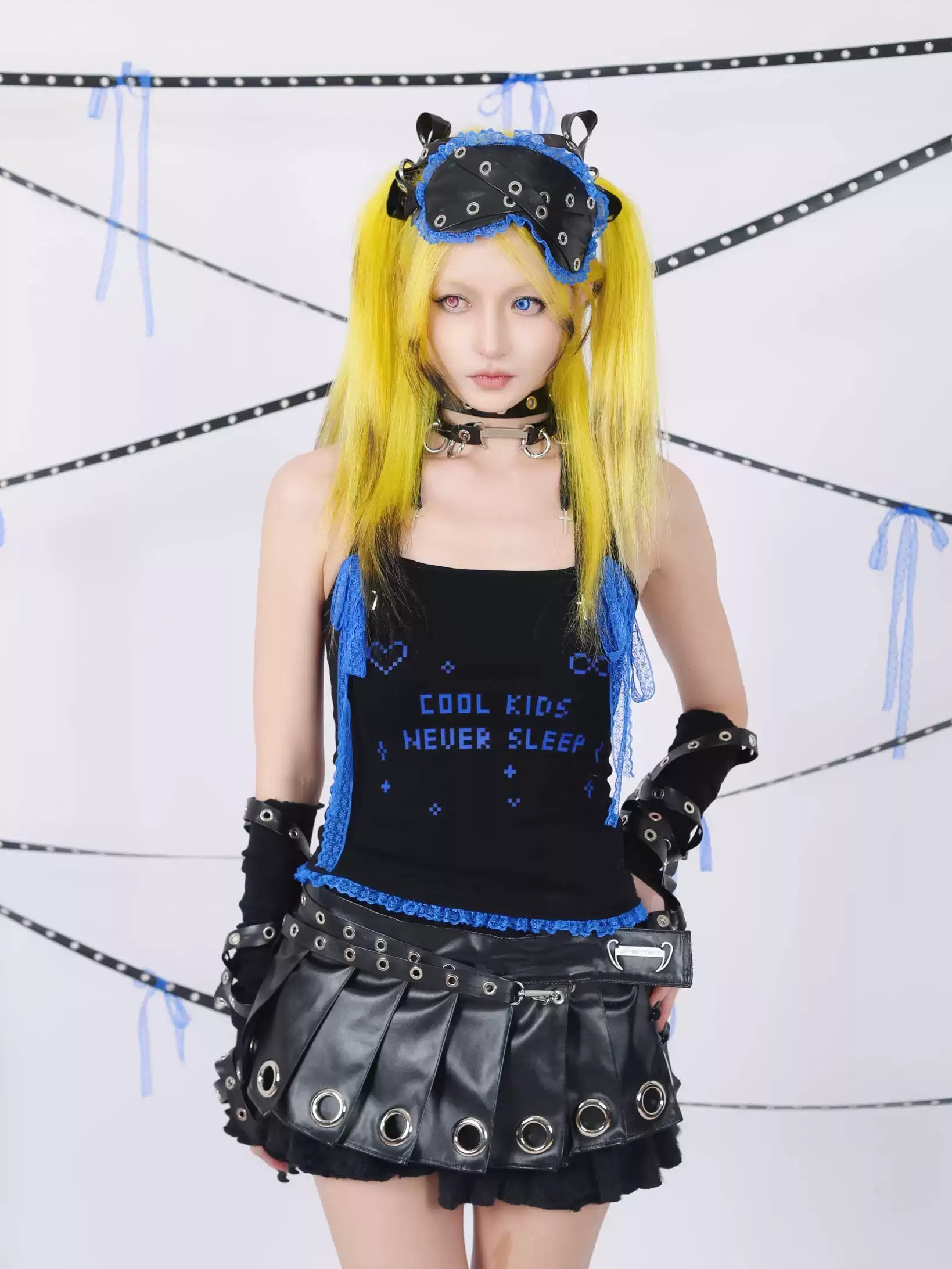 "Cool Kids Never Sleep" Lace Camisole - Black-Indigo