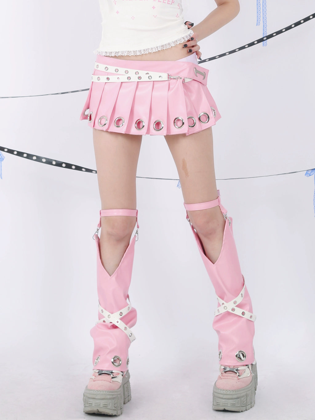 Eyelet Pleated Faux Leather Miniskirt - Pink