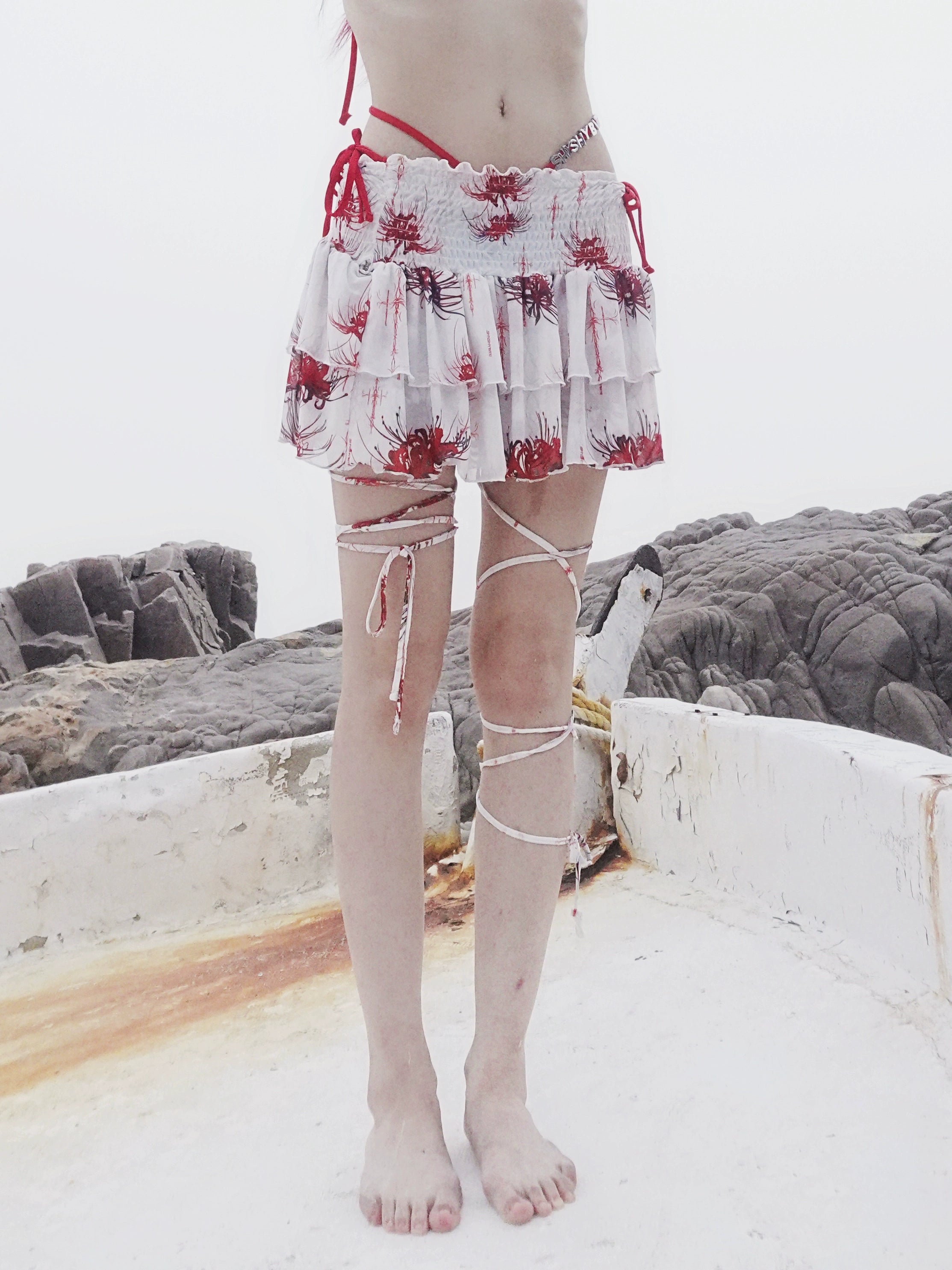 Cross & Spider Lily Full Print Tulle Beach Skirt - Black-Grey