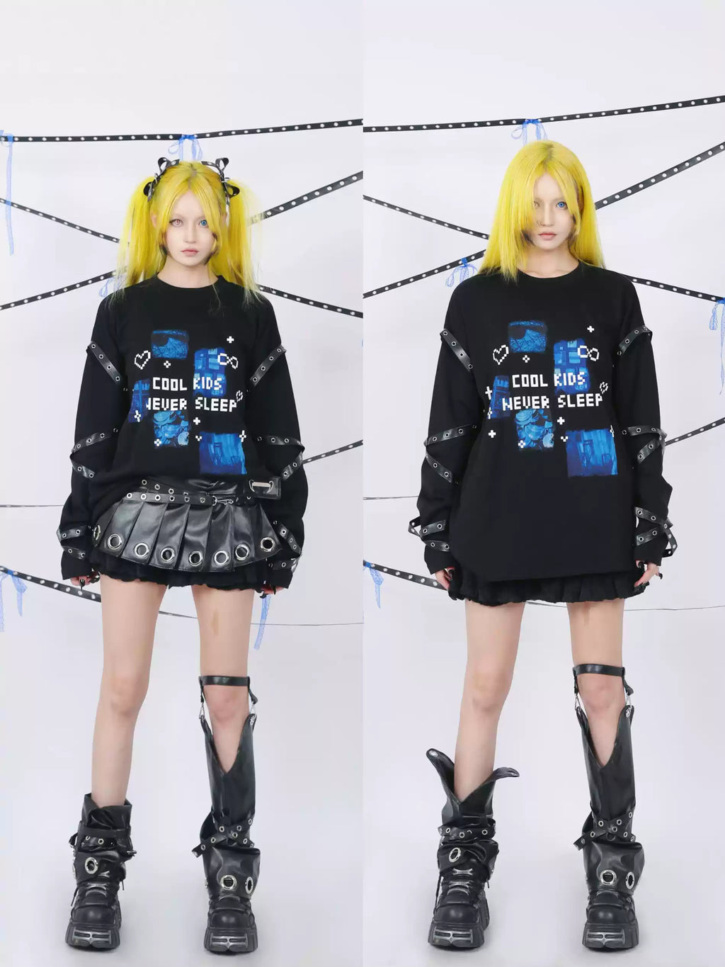 "Cool Kids Never Sleep" Strap Decorated Printed Top