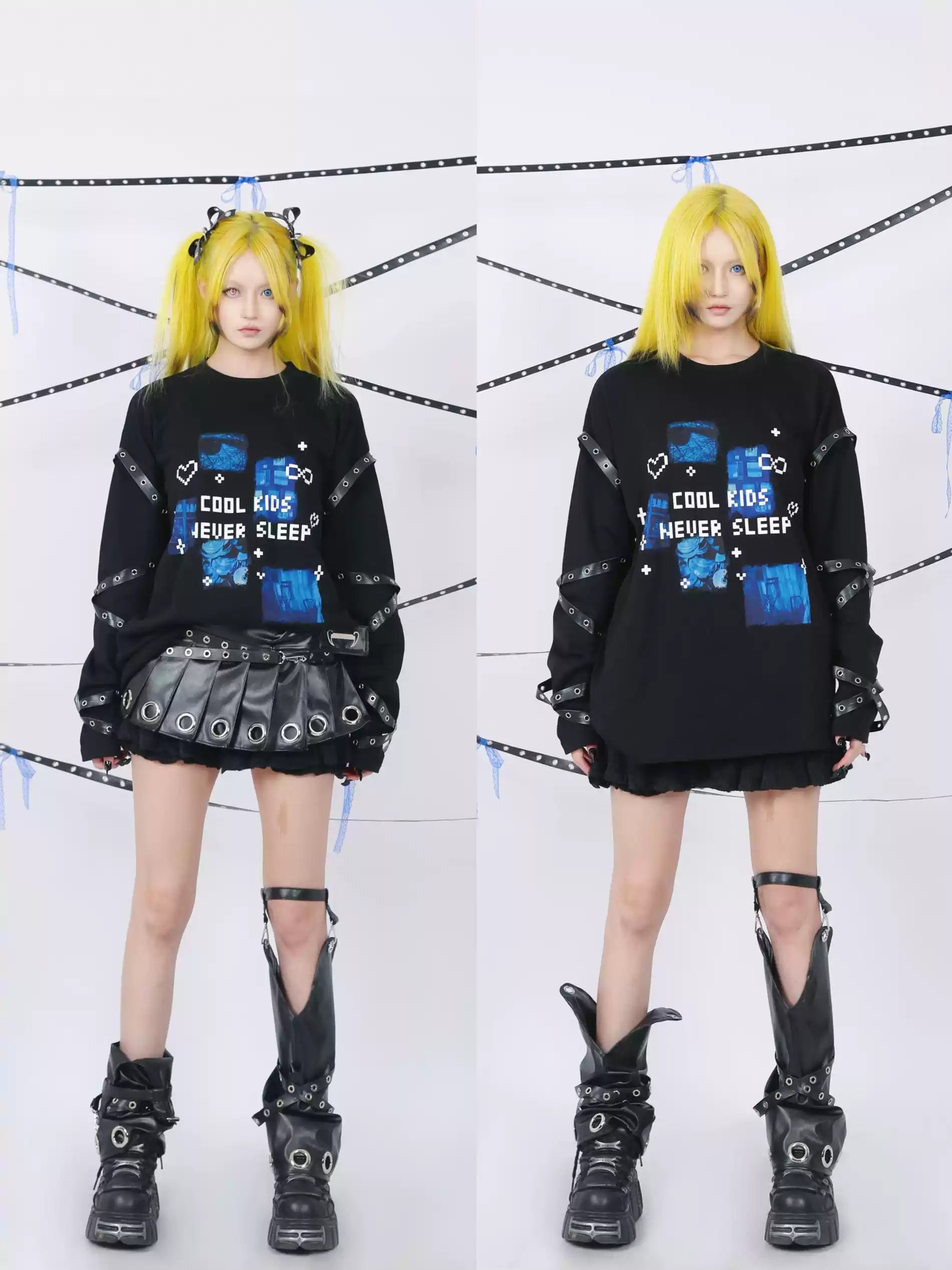 "Cool Kids Never Sleep" Strap Decorated Printed Top