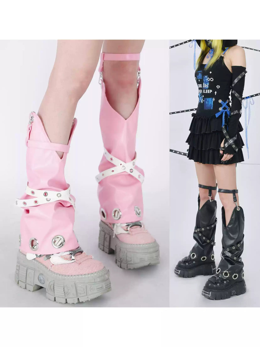 Eyelet Garter Faux Leather Leg Warmers - Black