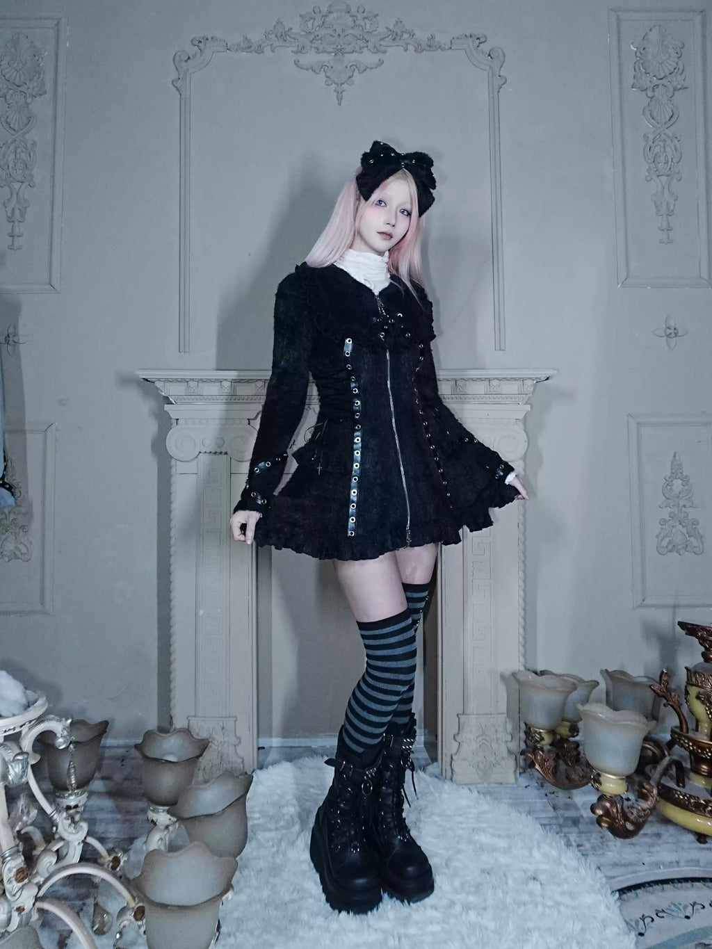 Fluffy Cat-Ear Hooded Dress - Black