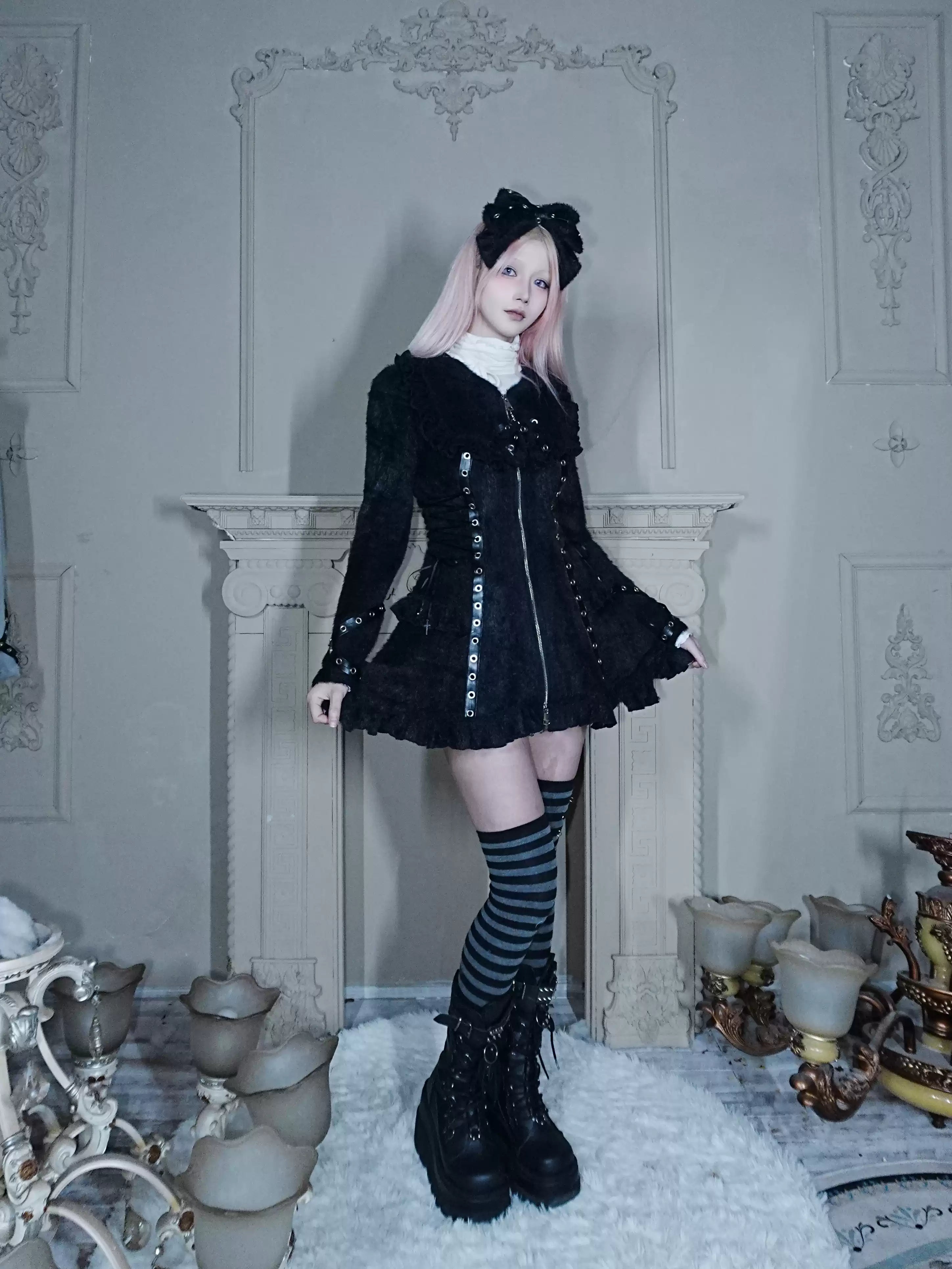 Fluffy Cat-Ear Hooded Dress - Black