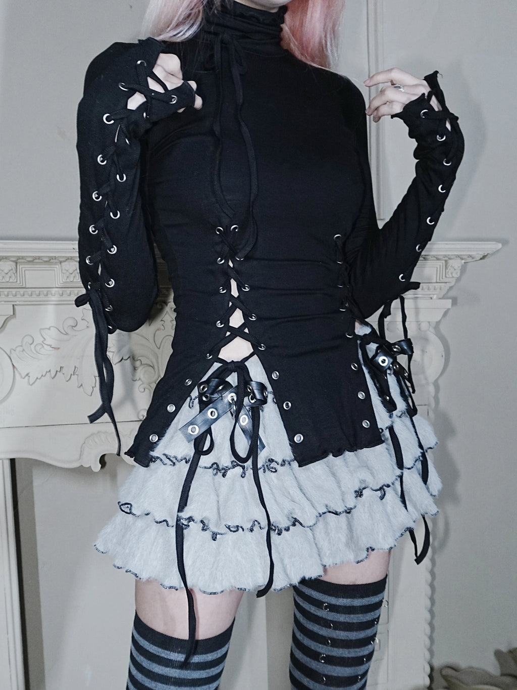 Eyelet Lace-Up Turtleneck Knit Top - Black