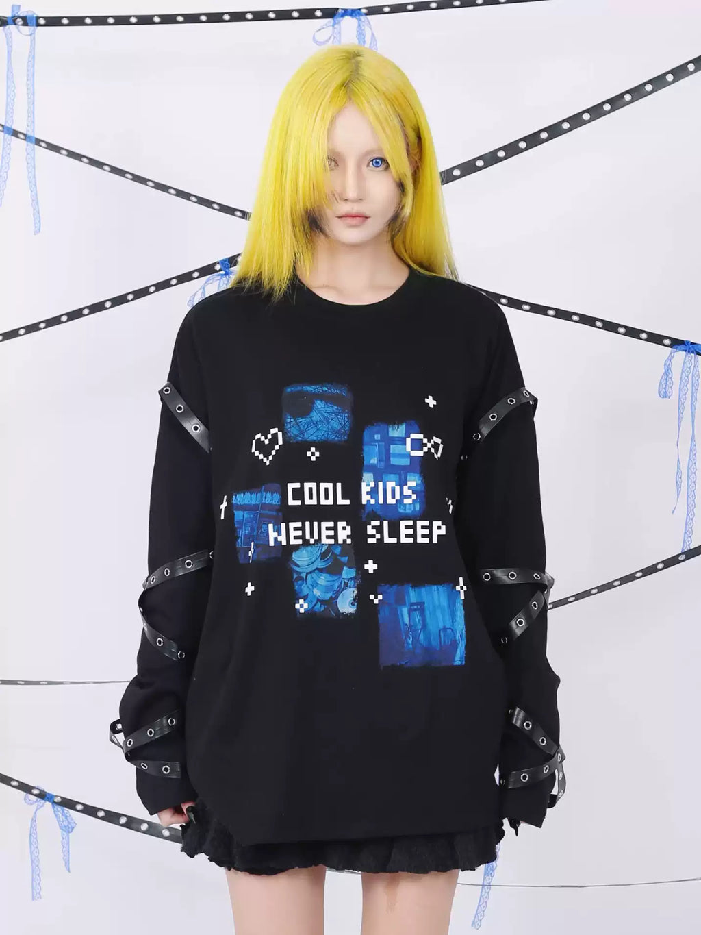 "Cool Kids Never Sleep" Strap Decorated Printed Top