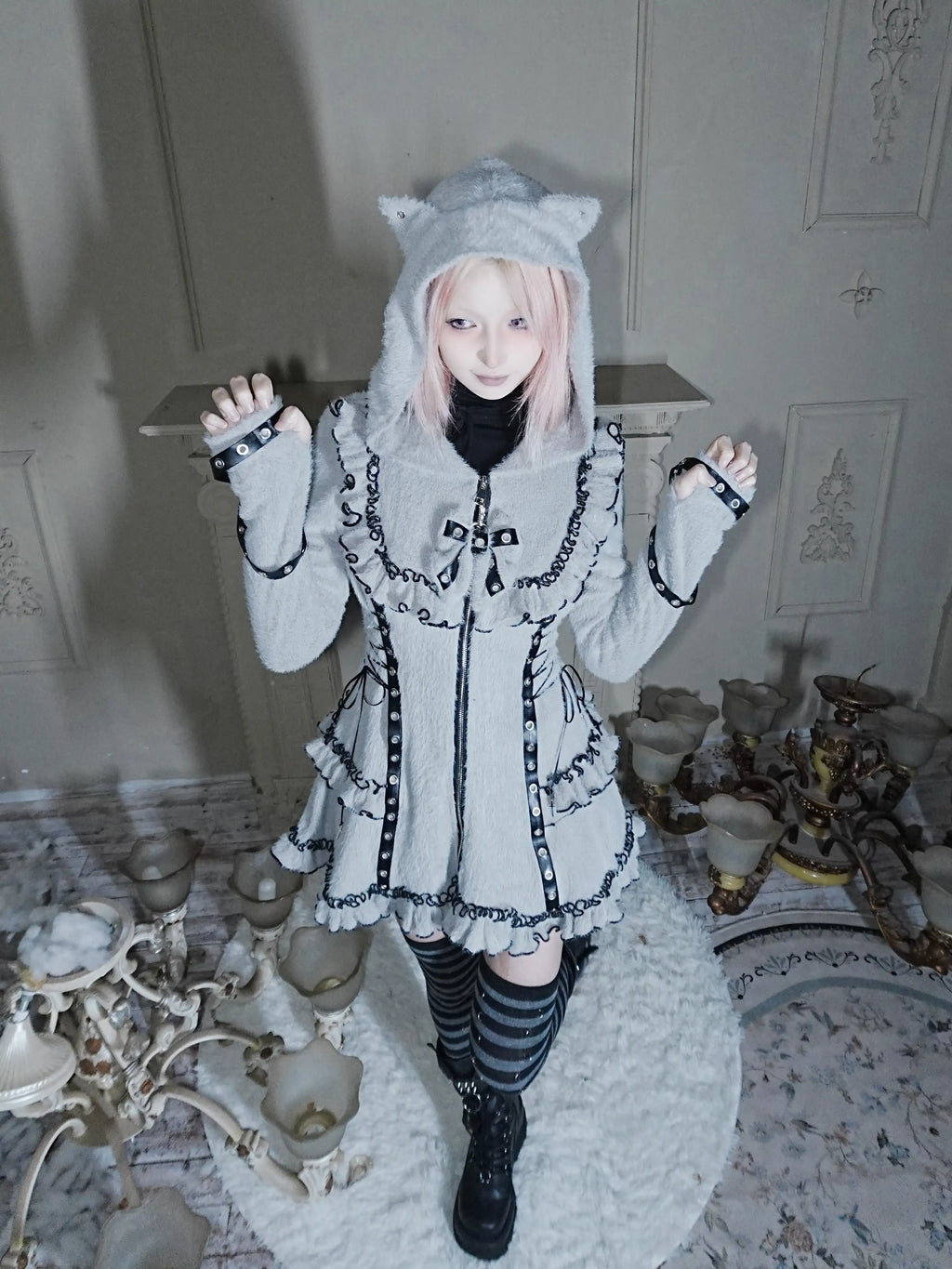 Fluffy Cat-Ear Hooded Dress - Black