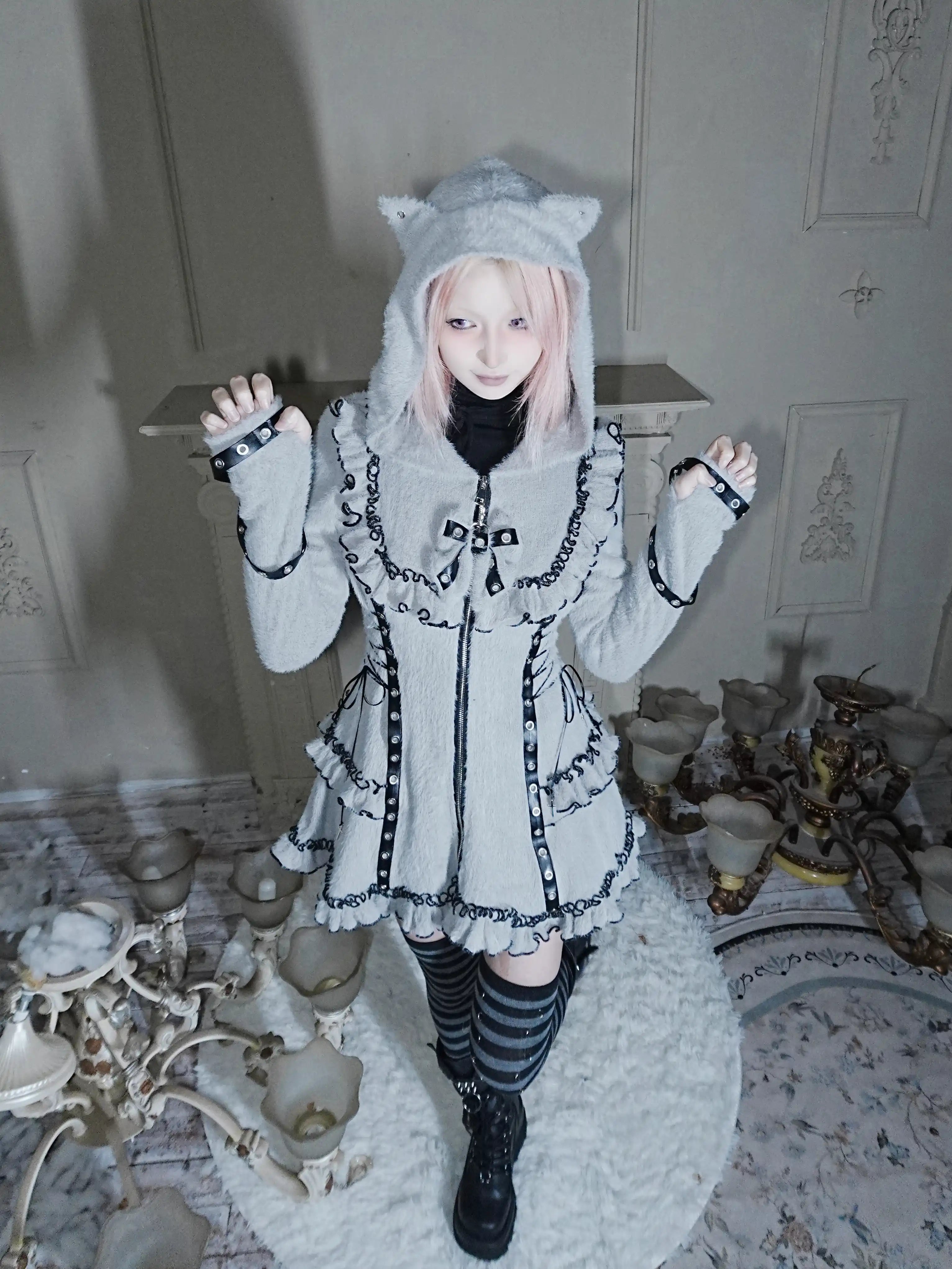 Fluffy Cat-Ear Hooded Dress - Grey