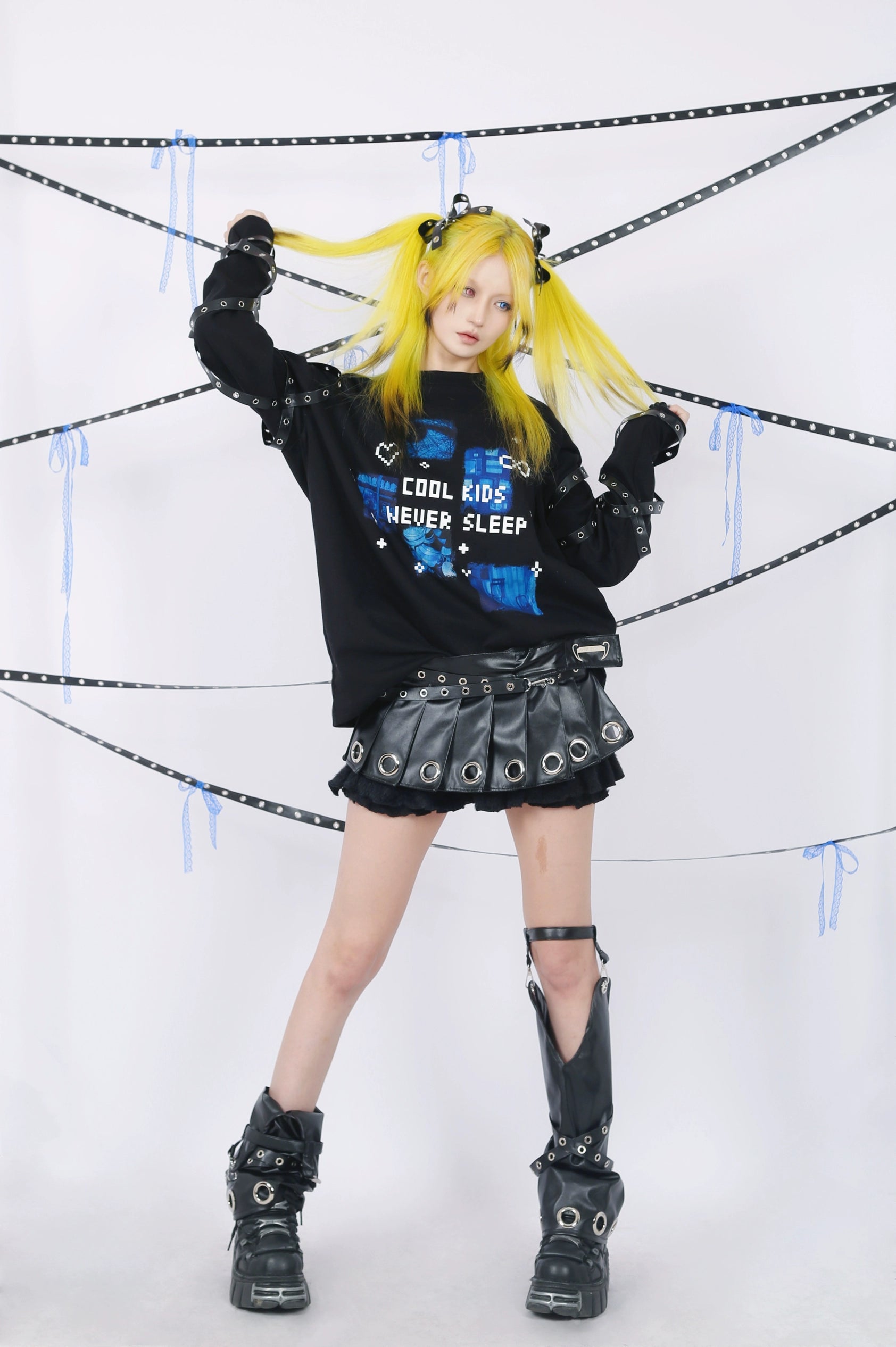 "Cool Kids Never Sleep" Strap Decorated Printed Top