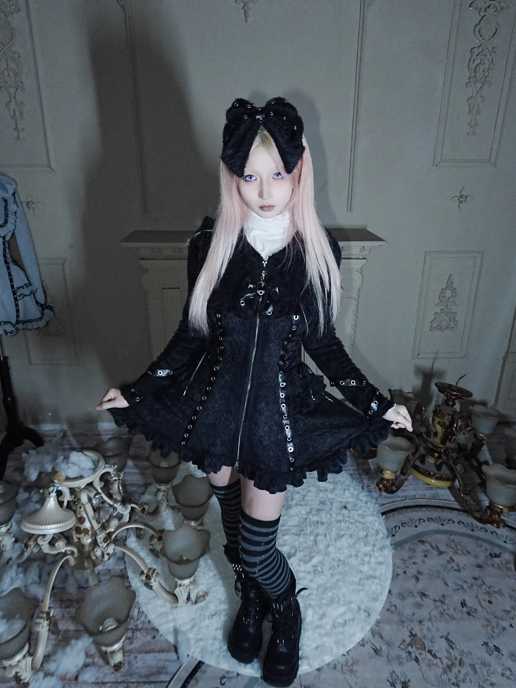 Fluffy Cat-Ear Hooded Dress - Black