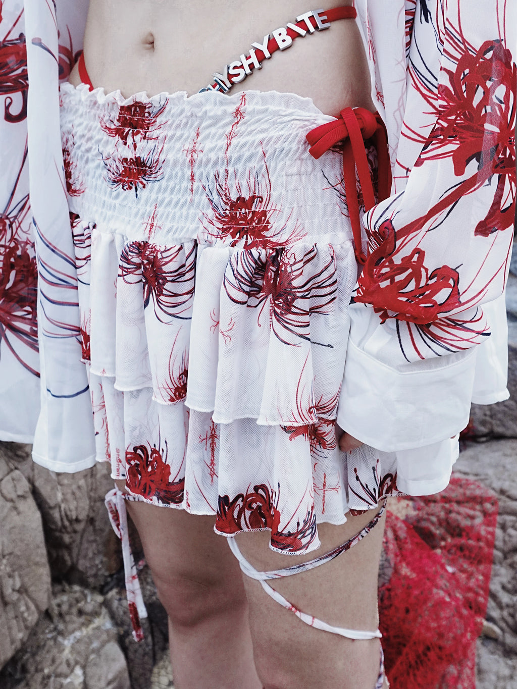 Cross & Spider Lily Full Print Tulle Beach Skirt - White-Red
