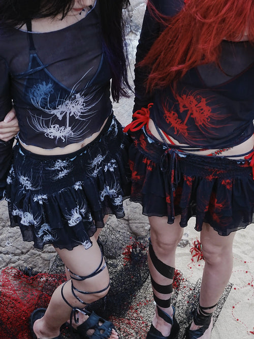 Cross & Spider Lily Full Print Tulle Beach Skirt - Black-Grey