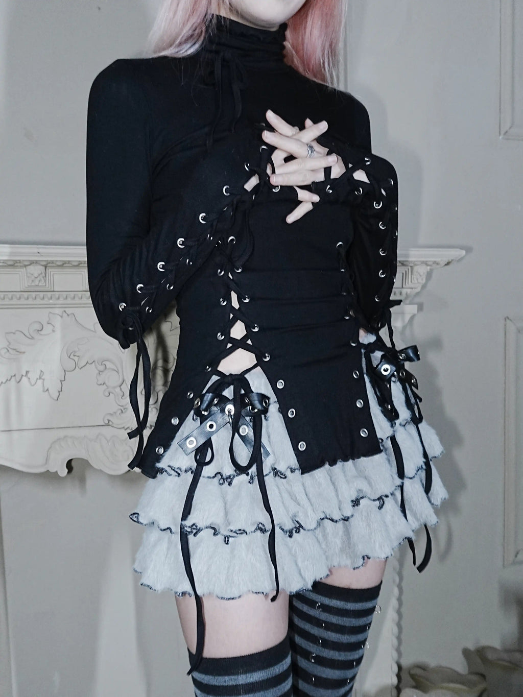 Eyelet Lace-Up Turtleneck Knit Top - Black