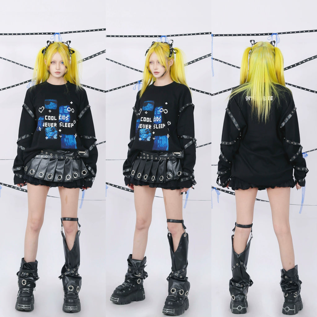 "Cool Kids Never Sleep" Strap Decorated Printed Top