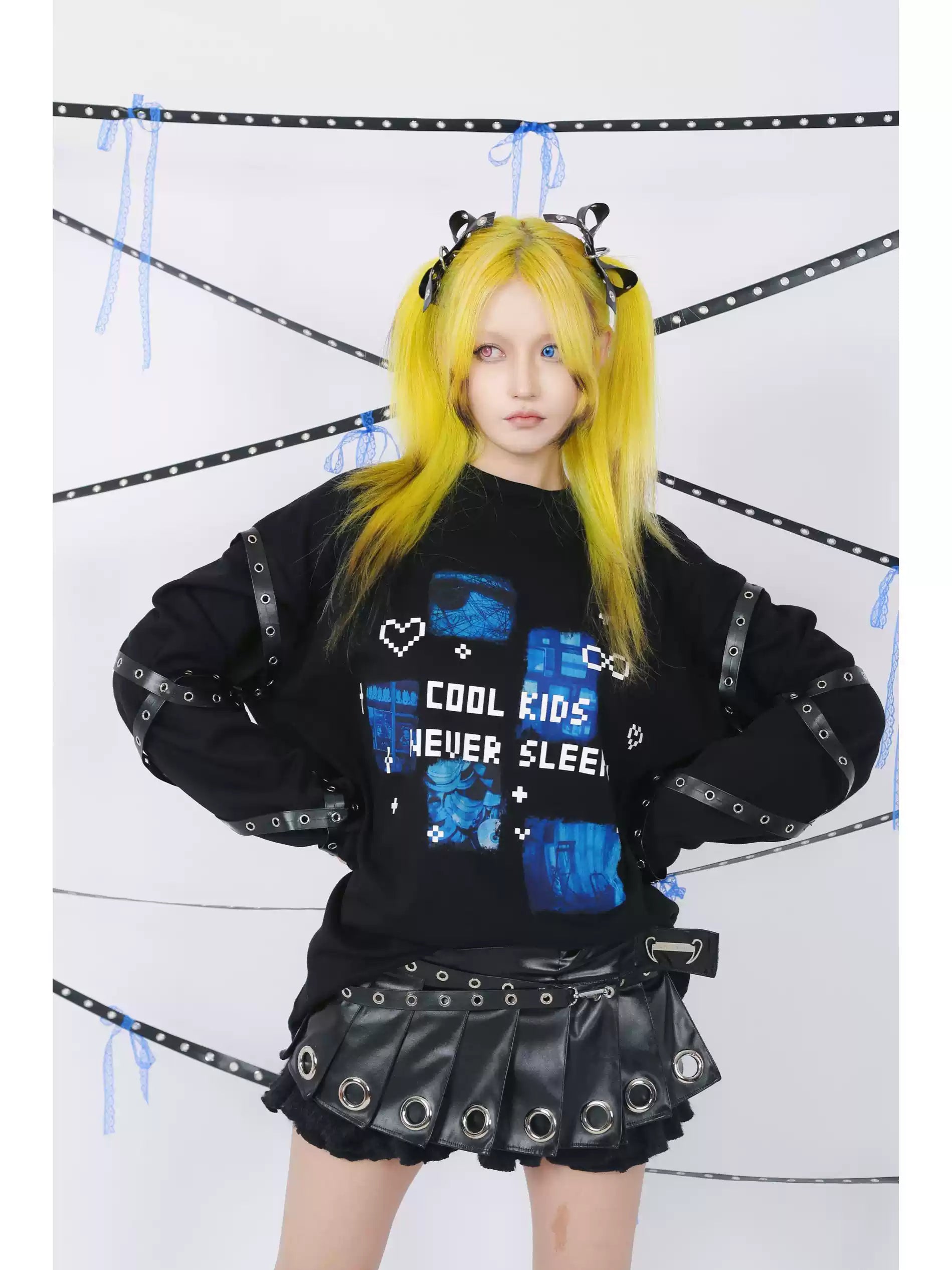 "Cool Kids Never Sleep" Strap Decorated Printed Top