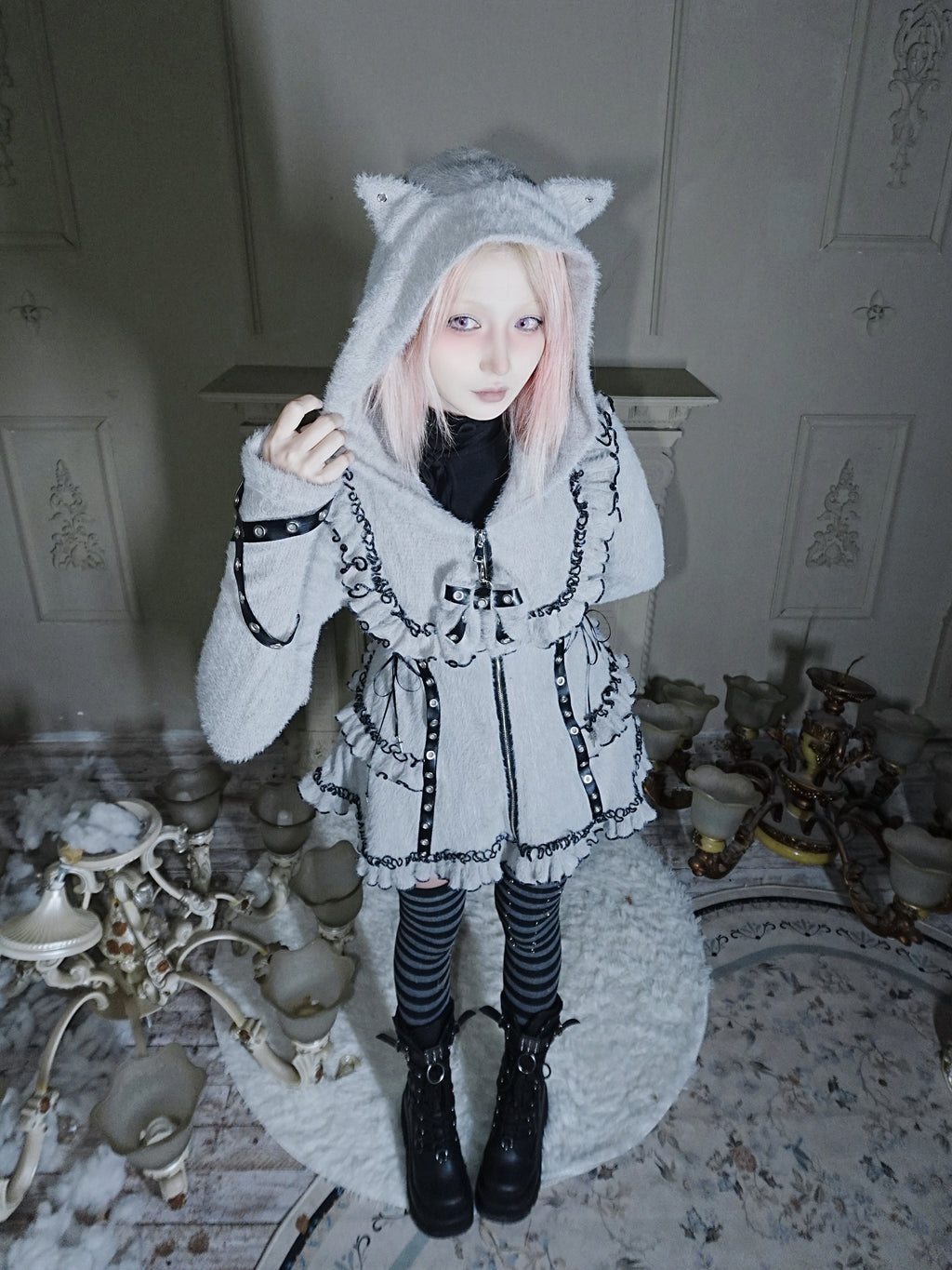 Fluffy Cat-Ear Hooded Dress - Grey