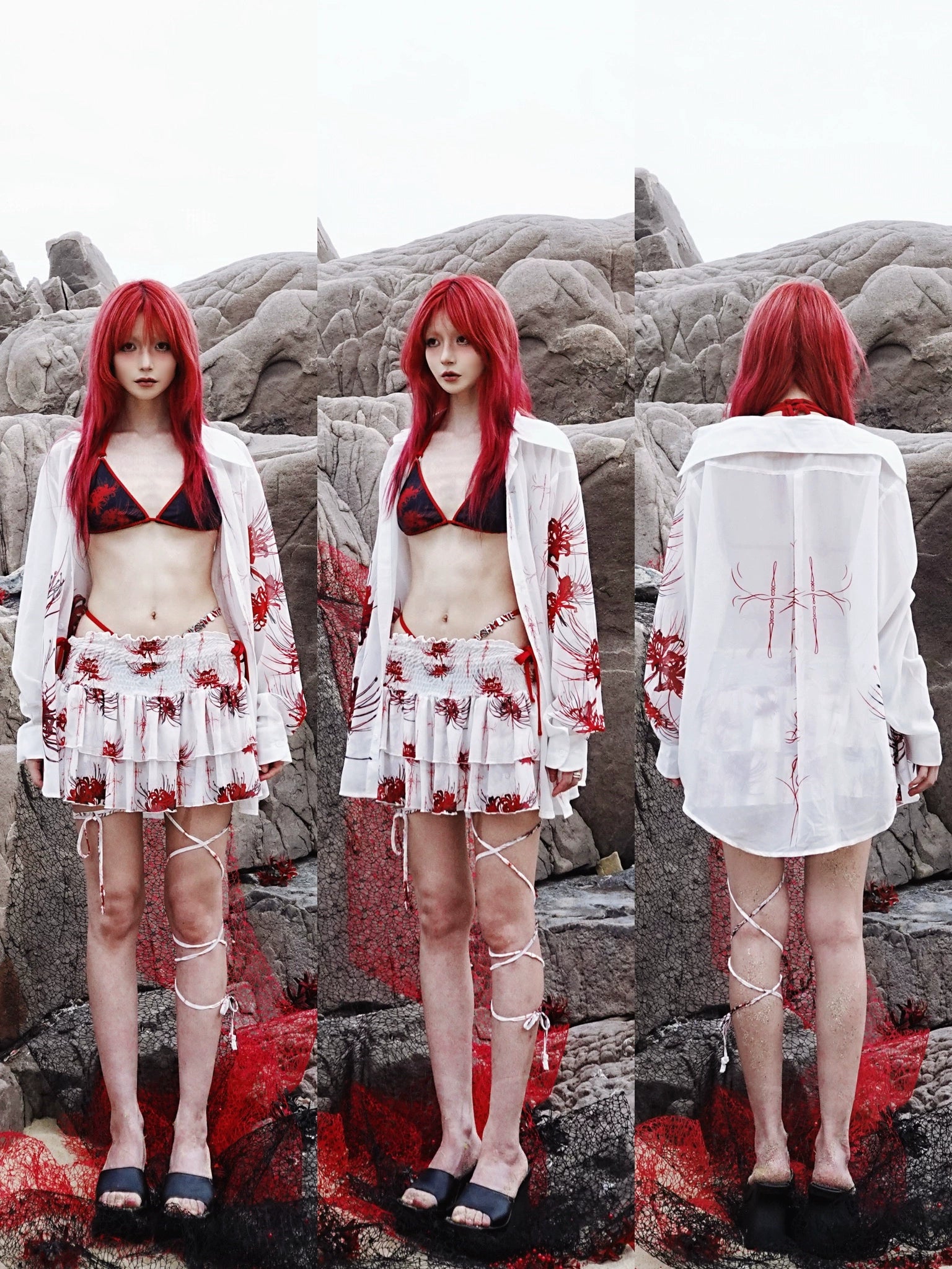 Cross & Spider Lily Full Print Tulle Beach Skirt - Black-Grey