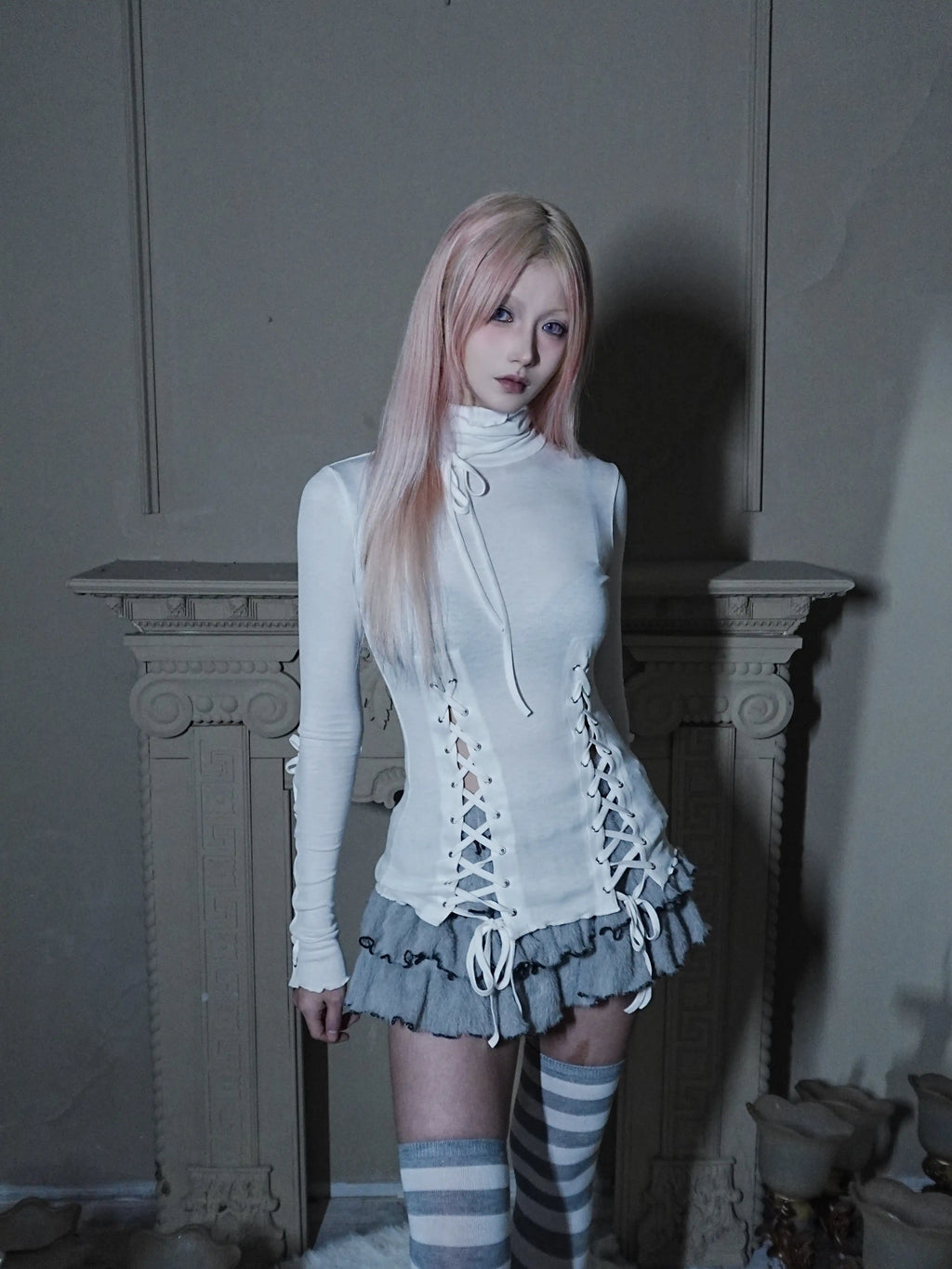 Eyelet Lace-Up Turtleneck Knit Top - Black