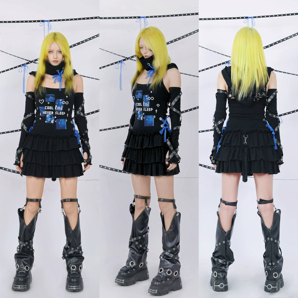 Ninja Cat Hooded Printed Dress