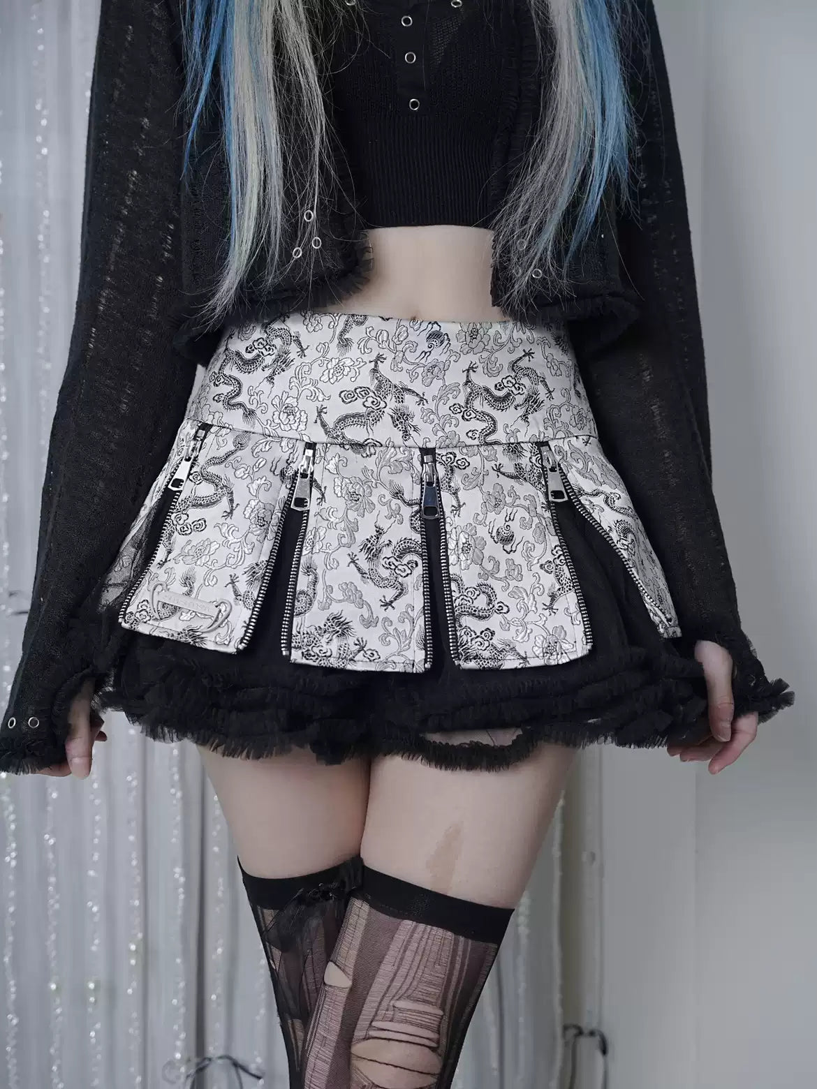 Silver Dragon Patterned Zip Skirt