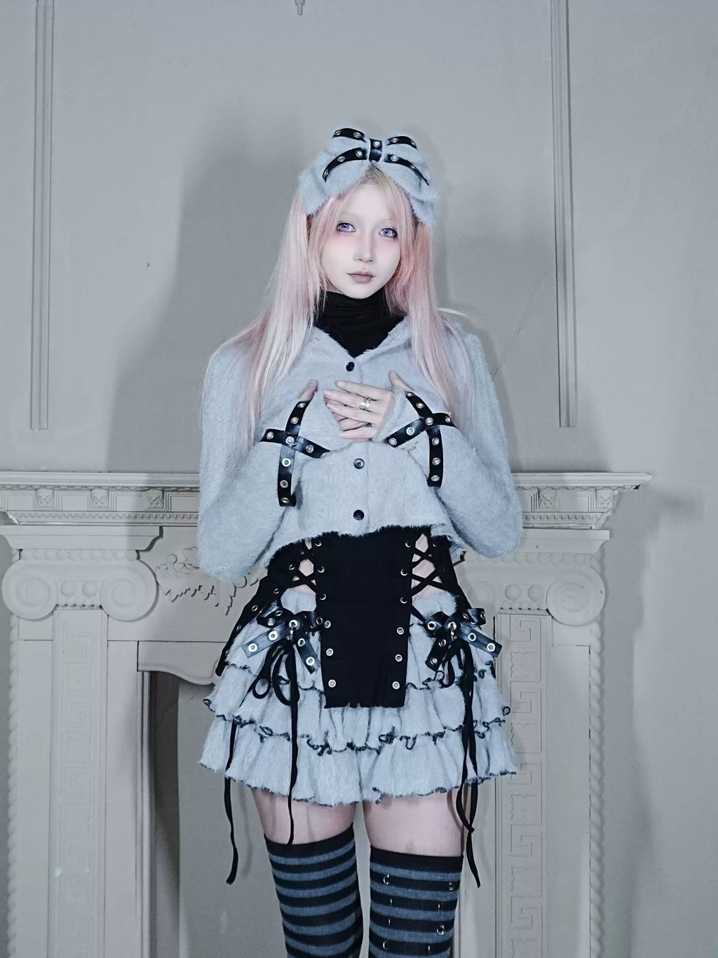 Fluffy Cat-Ear Hooded Cardigan - Grey