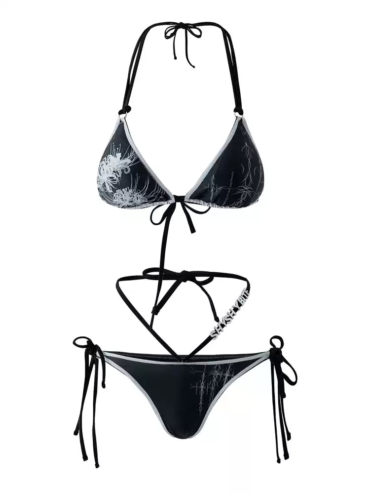 Cross & Spider Lily Bikini Set - Black-Grey