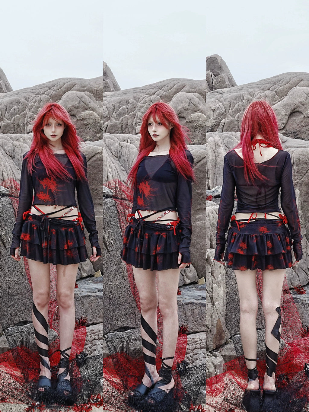 Cross & Spider Lily Full Print Tulle Beach Skirt - Black-Grey