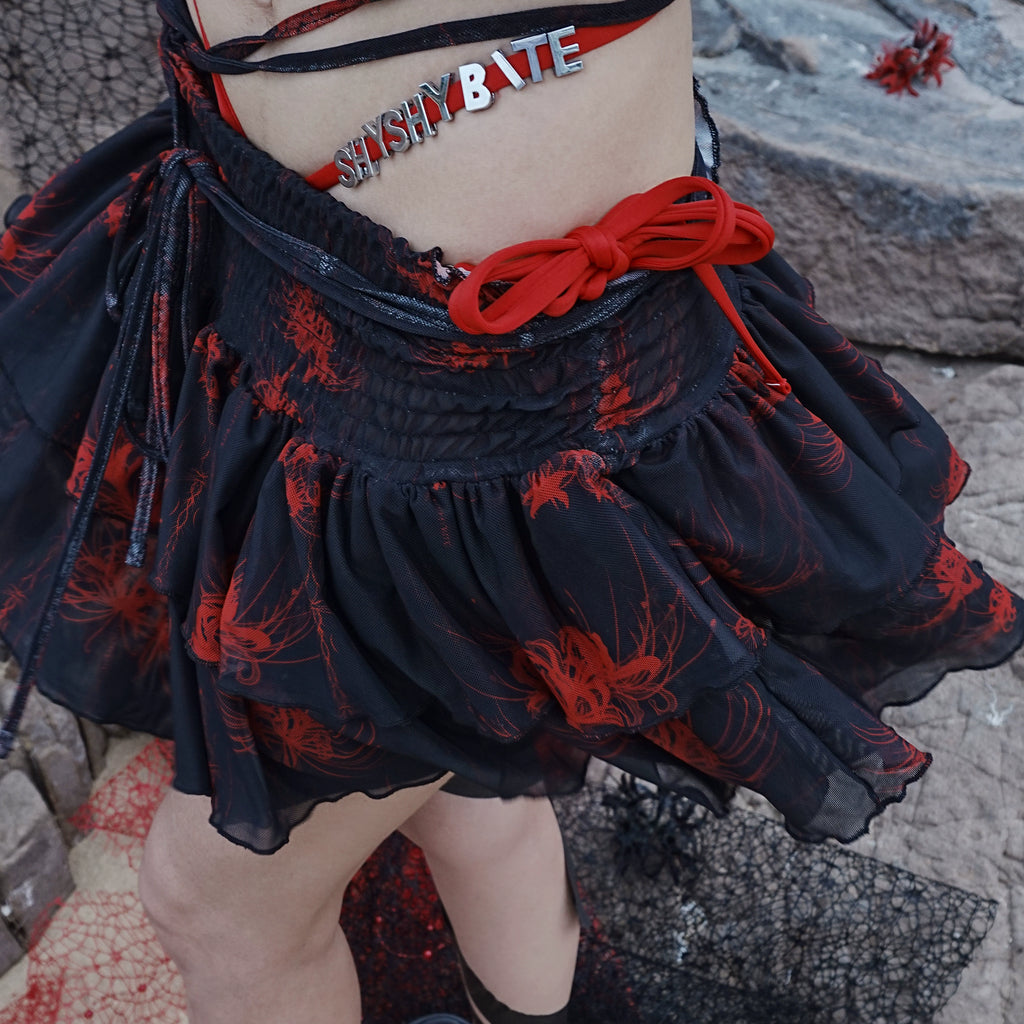 Cross & Spider Lily Full Print Tulle Beach Skirt - Black-Red