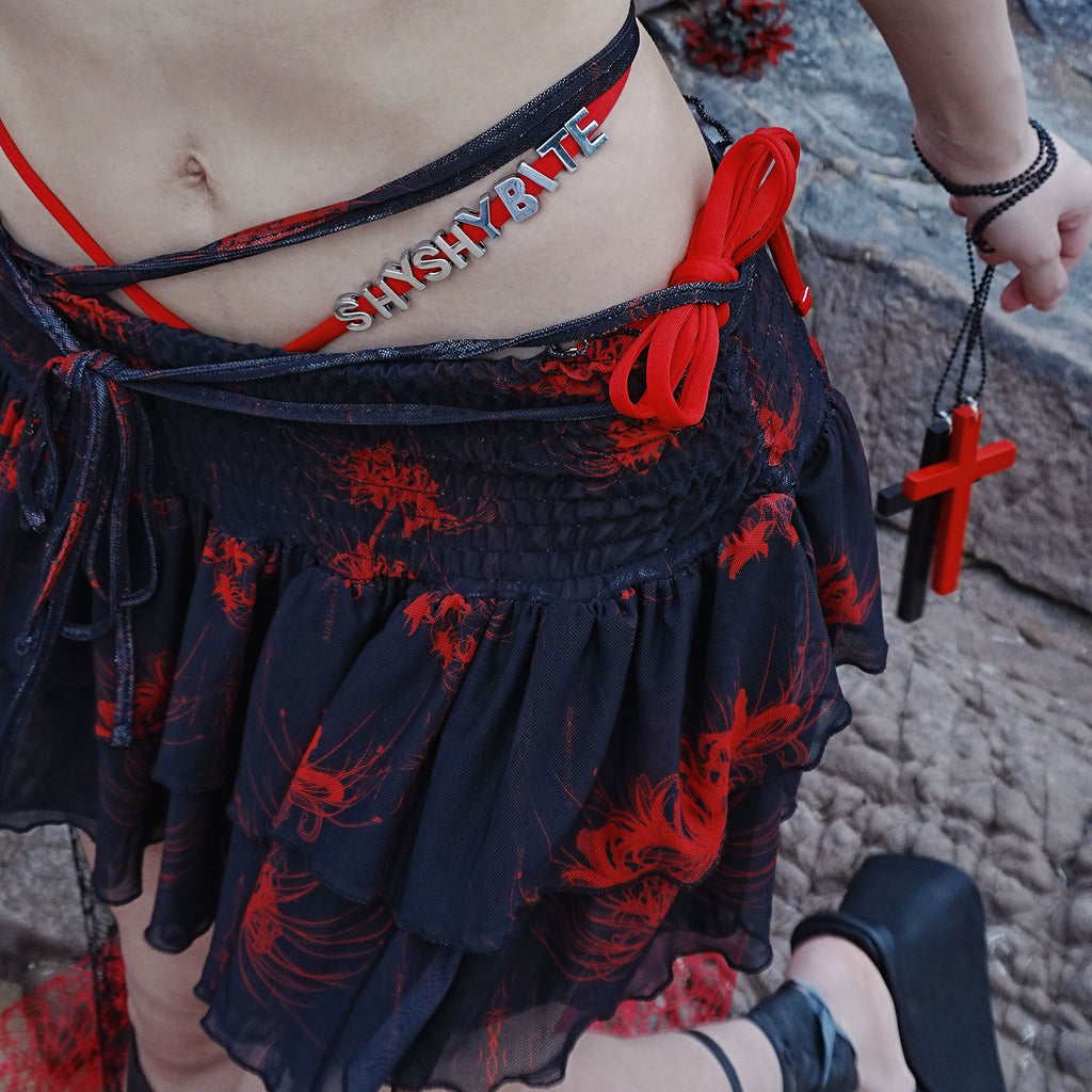 Cross & Spider Lily Full Print Tulle Beach Skirt - Black-Red