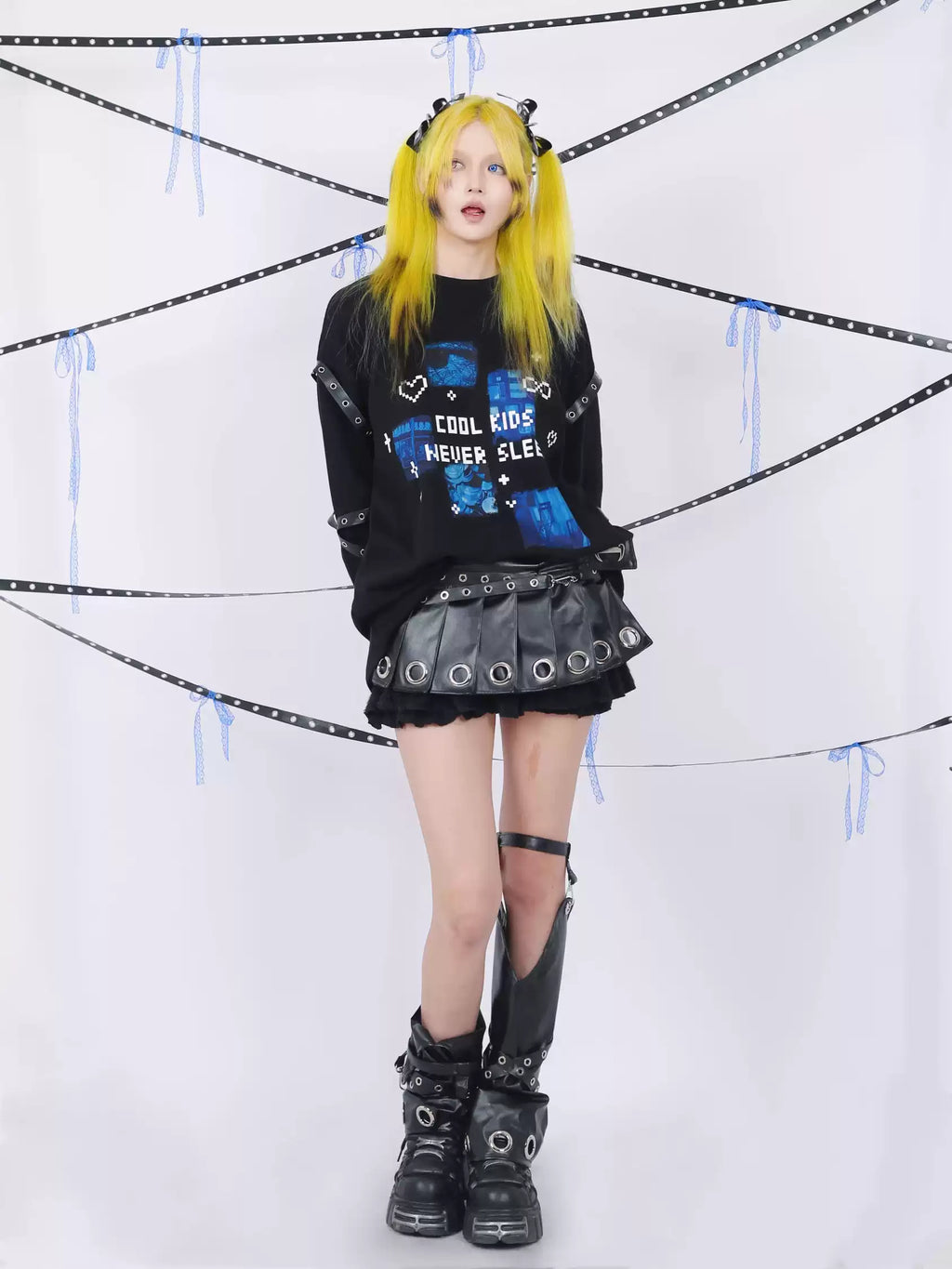 "Cool Kids Never Sleep" Strap Decorated Printed Top