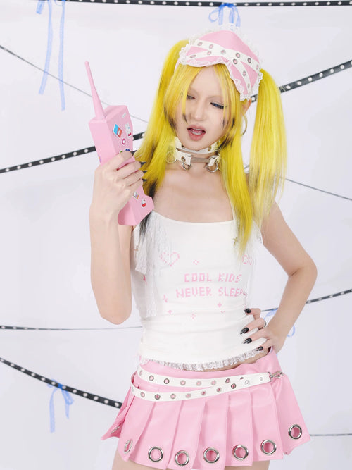 "Cool Kids Never Sleep" Lace Camisole - White-Pink