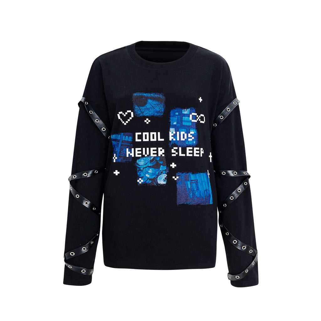 "Cool Kids Never Sleep" Strap Decorated Printed Top