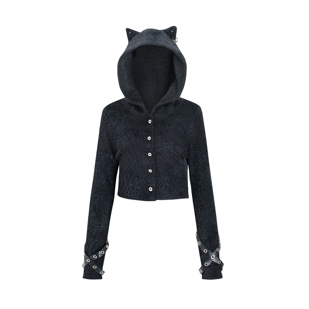 Fluffy Cat-Ear Hooded Cardigan - Grey