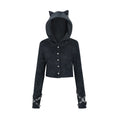 Fluffy Cat-Ear Hooded Cardigan - Black