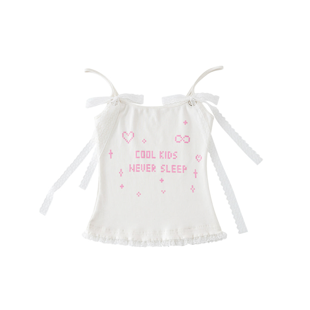 "Cool Kids Never Sleep" Lace Camisole - White-Pink