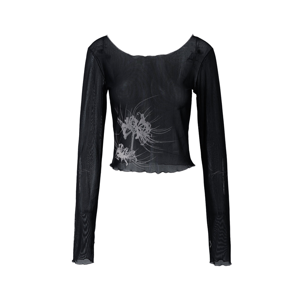 Cross & Spider Lily Tulle Top - Black-Grey