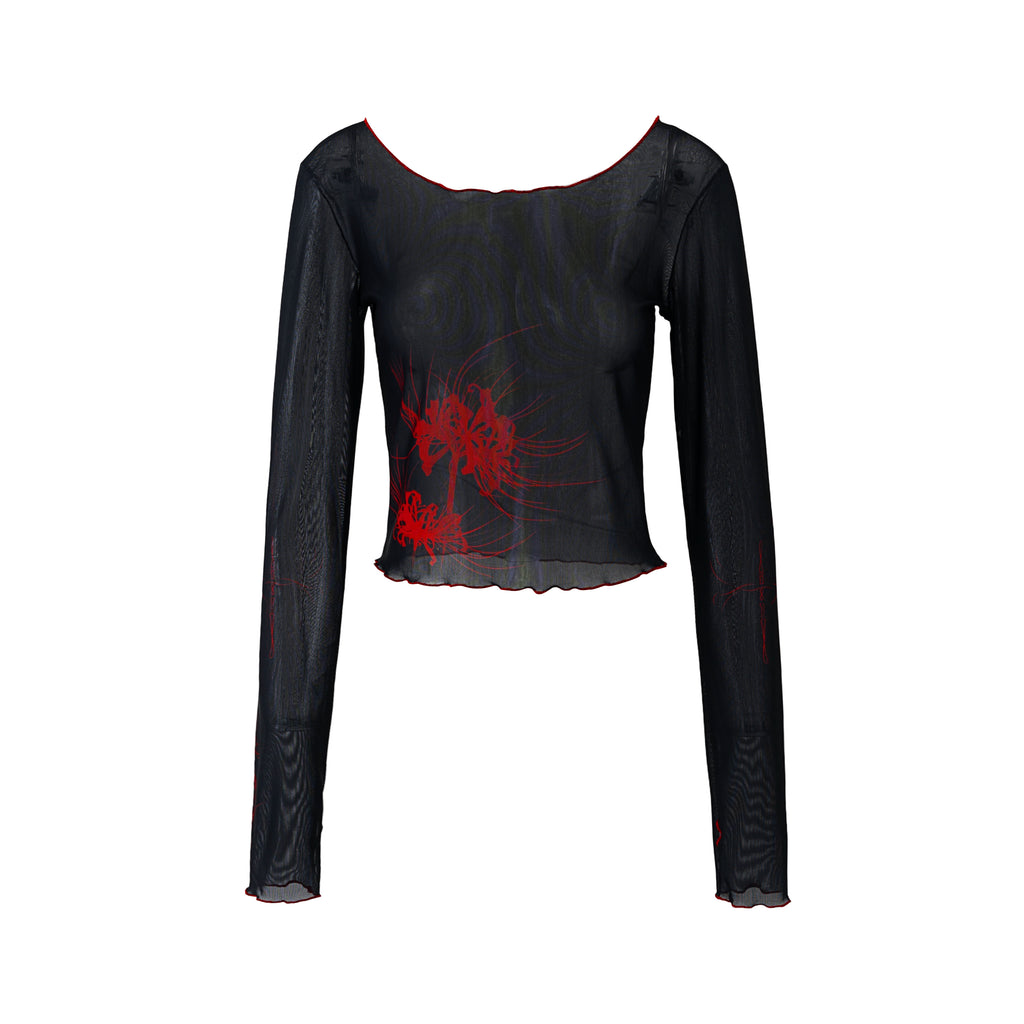 Cross & Spider Lily Tulle Top - Black-Red