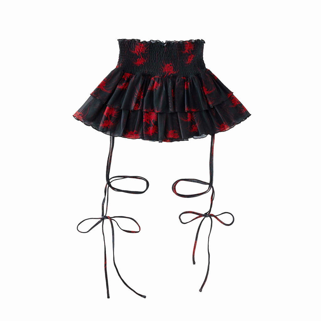 Cross & Spider Lily Full Print Tulle Beach Skirt - Black-Red