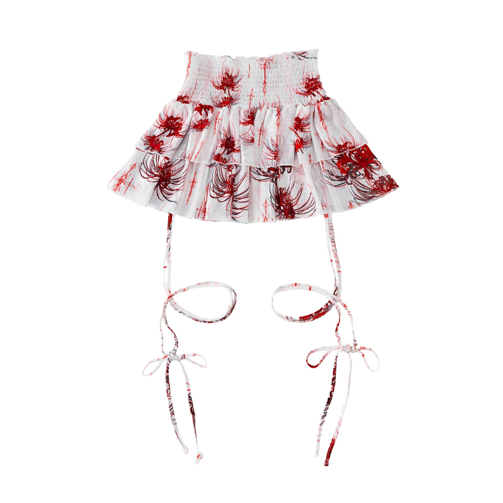 Cross & Spider Lily Full Print Tulle Beach Skirt - White-Red