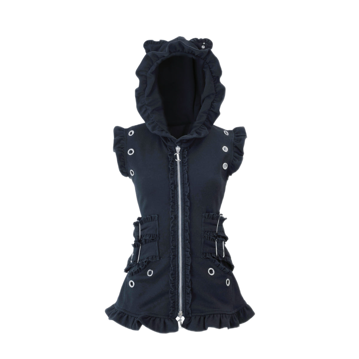 Bubble Cat Ruffle Hooded Vest - Black