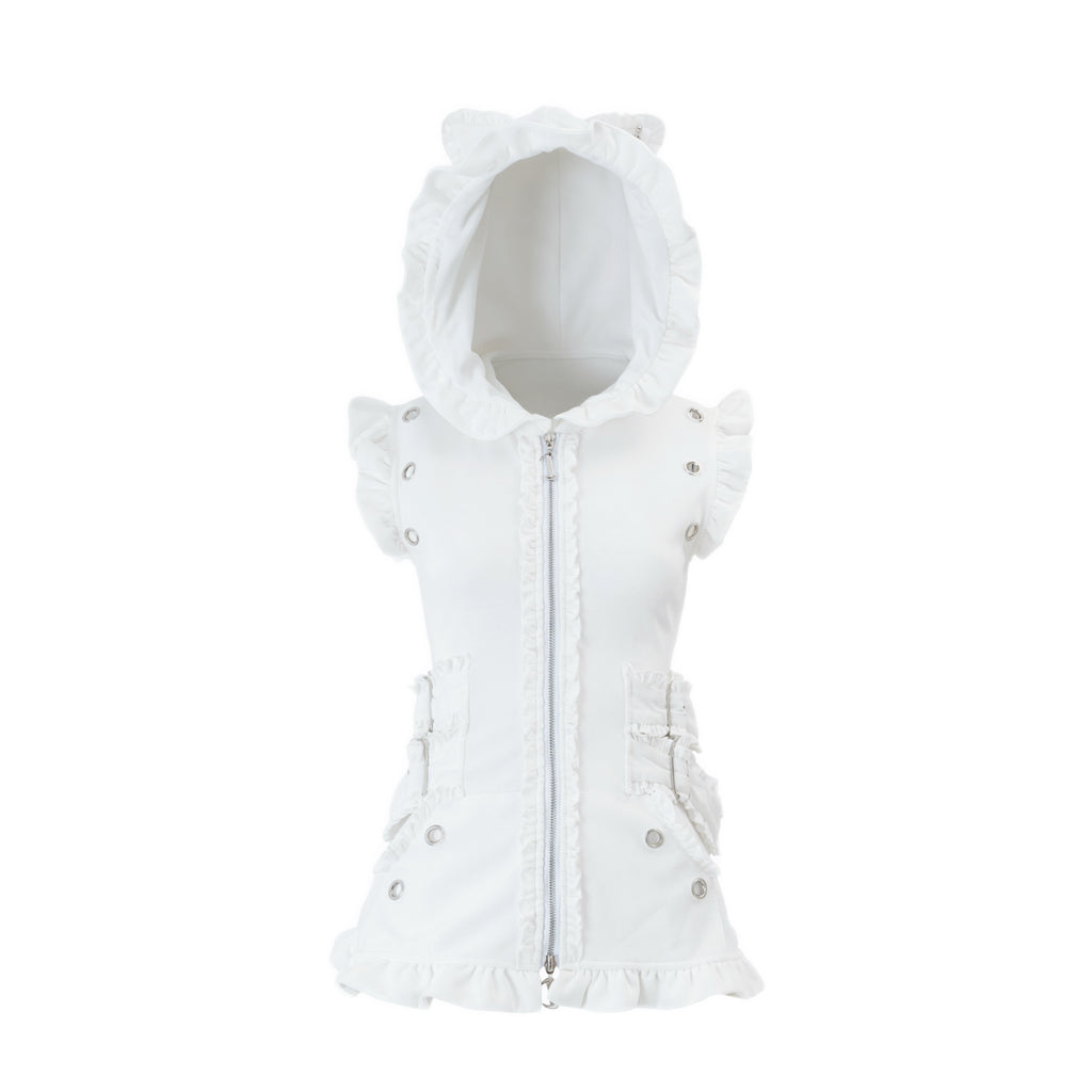Bubble Cat Ruffle Hooded Vest - White