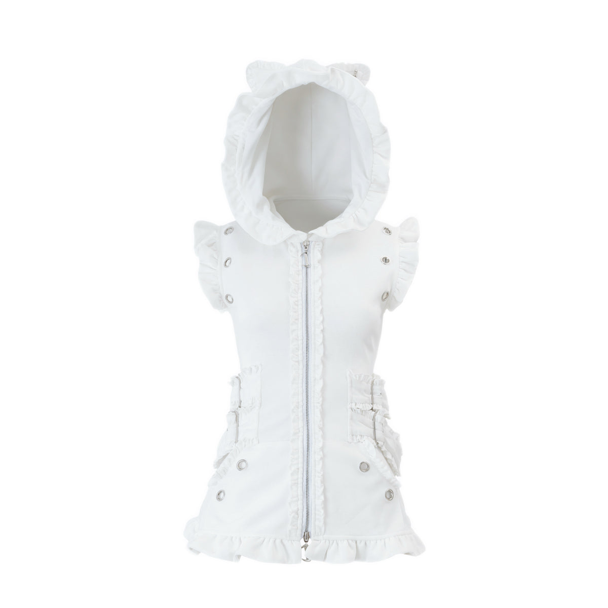 Bubble Cat Ruffle Hooded Vest - White